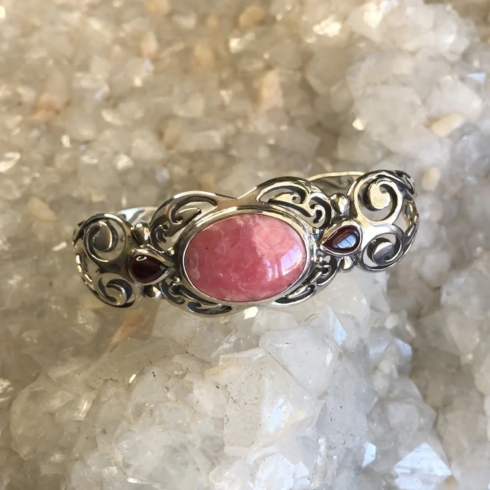 Carolyn Pollack Sterling Silver Rhodochrosite Garnet Gemstone Cuff Bracelet